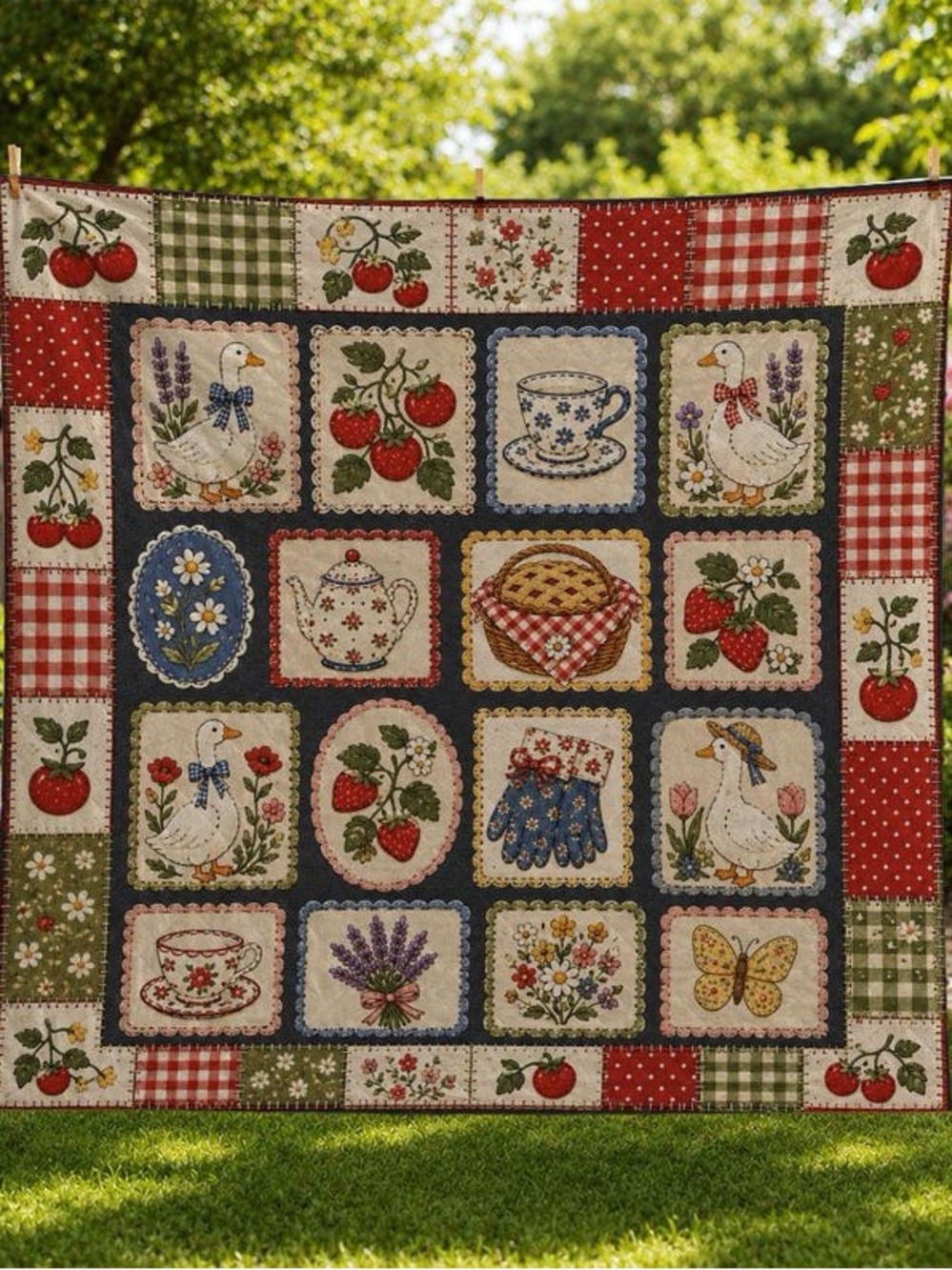 Country Garden Patchwork Quilt Throw - Red, Blue, Green